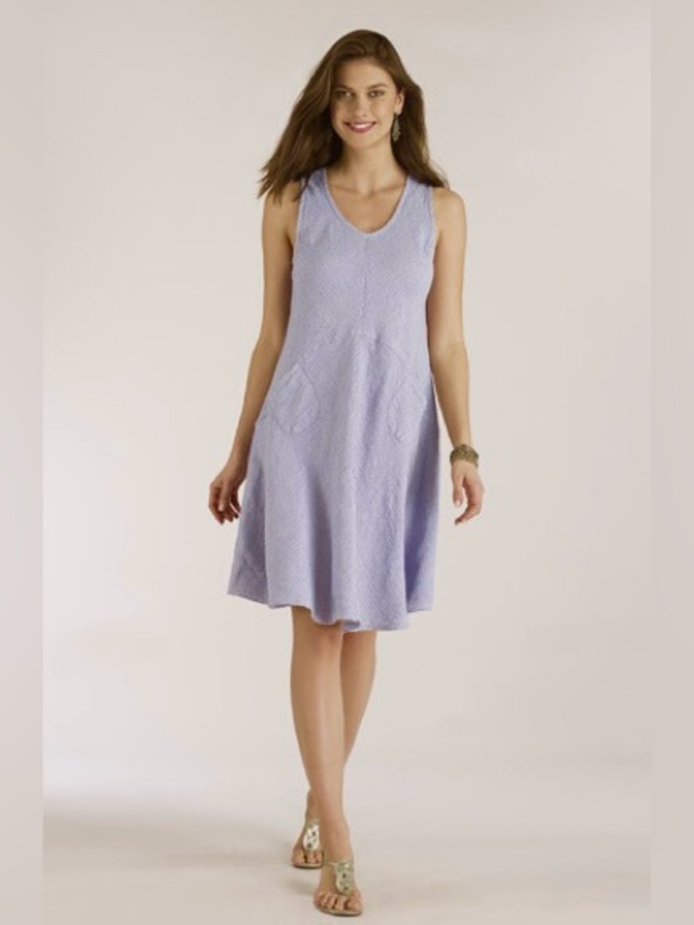 Luna Luz Linen V-Neck Tank Dress Light Blue Rounded Asymmetrical Hem Lagenlook